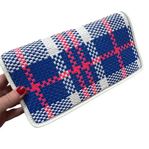 Kate spade clutch purse with dustbag blue white pink woven plaid front flap chic